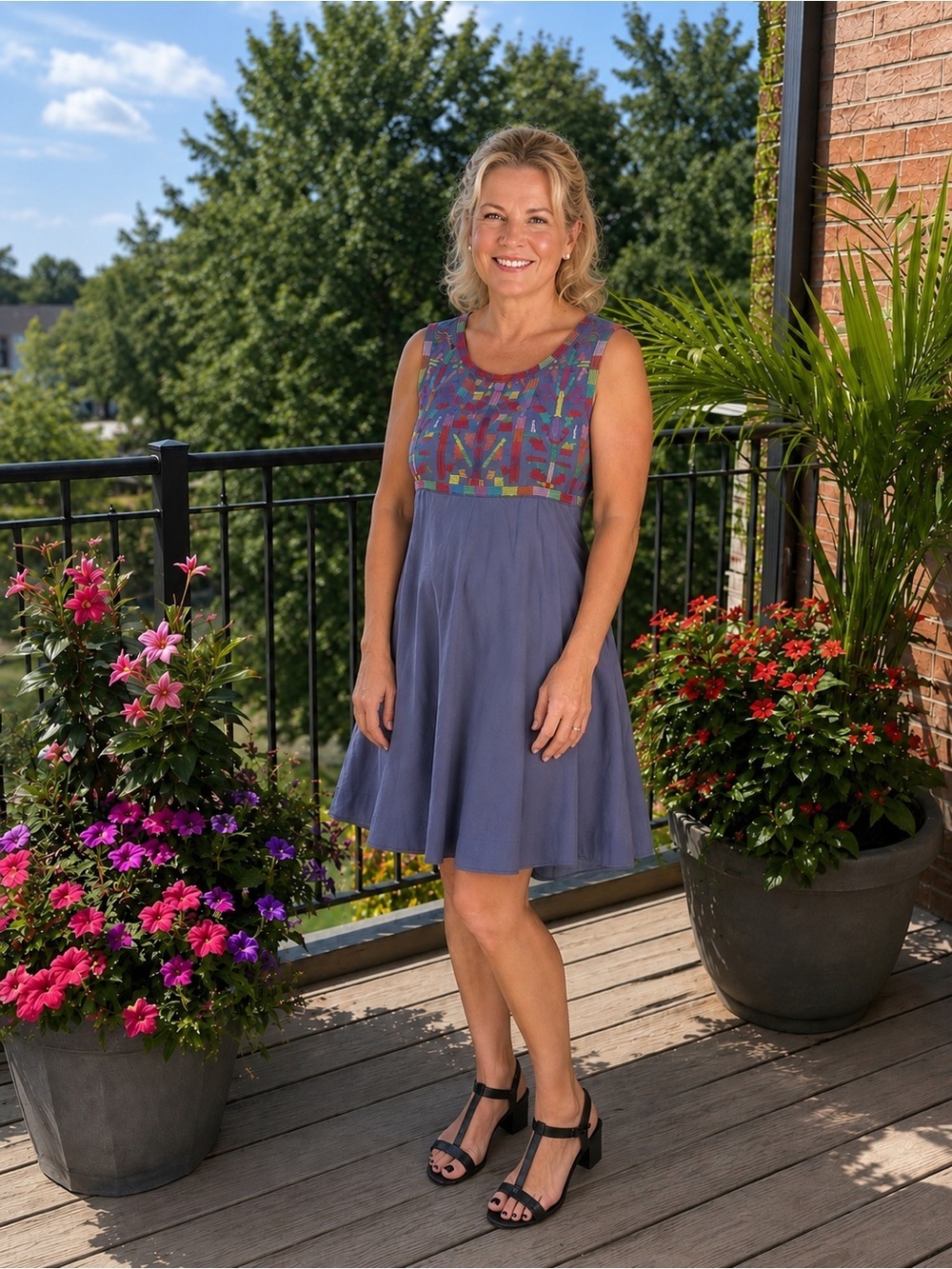 Geometric Patterned Sleeveless Dress in Blue